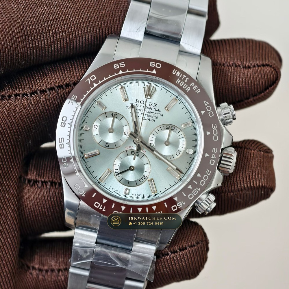 Rolex Cosmograph Daytona Ice-Blue Sunray Dial 950 Platinum Ref. 116506 — Studio Gallery Plate III in 950 Platinum Pt950 (281.9g Verified Mass, Rolex Manufacture Cal. 4130 - 72h Power Reserve)
