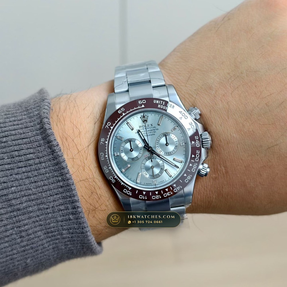 Rolex Cosmograph Daytona Ice-Blue Sunray Dial 950 Platinum Ref. 116506 — Studio Gallery Plate VI in 950 Platinum Pt950 (281.9g Verified Mass, Rolex Manufacture Cal. 4130 - 72h Power Reserve)