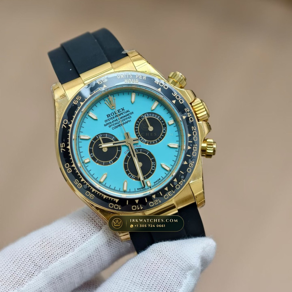 Rolex Cosmograph Daytona Tiffany Blue Dial 18K Yellow Gold Geneva Atelier Spec Ref. 126518LN — Studio Gallery Plate II in 18K Yellow Gold Au750 (160.2g Verified Mass, Rolex Manufacture Cal. 4131 - 72h Power Reserve)