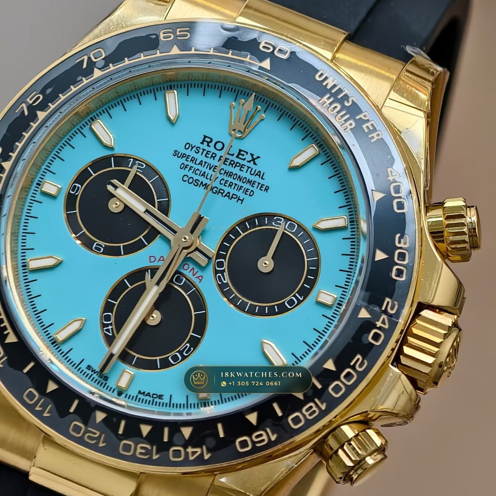 Rolex Cosmograph Daytona Tiffany Blue Dial 18K Yellow Gold Geneva Atelier Spec Ref. 126518LN — Studio Gallery Plate IV in 18K Yellow Gold Au750 (160.2g Verified Mass, Rolex Manufacture Cal. 4131 - 72h Power Reserve)
