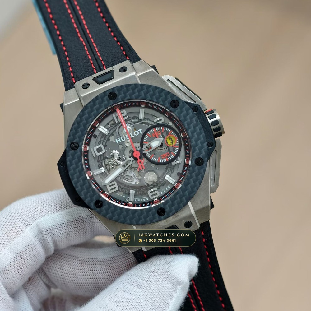 Hublot Big Bang Ferrari Unico Flyback Chronograph 45mm Ref. 401.NX.0123.VR — Studio Gallery Plate II in Grade 5 Titanium Monobloc (120.5g Verified Mass, Hublot Unico Flyback Chronograph Cal. HUB1280)