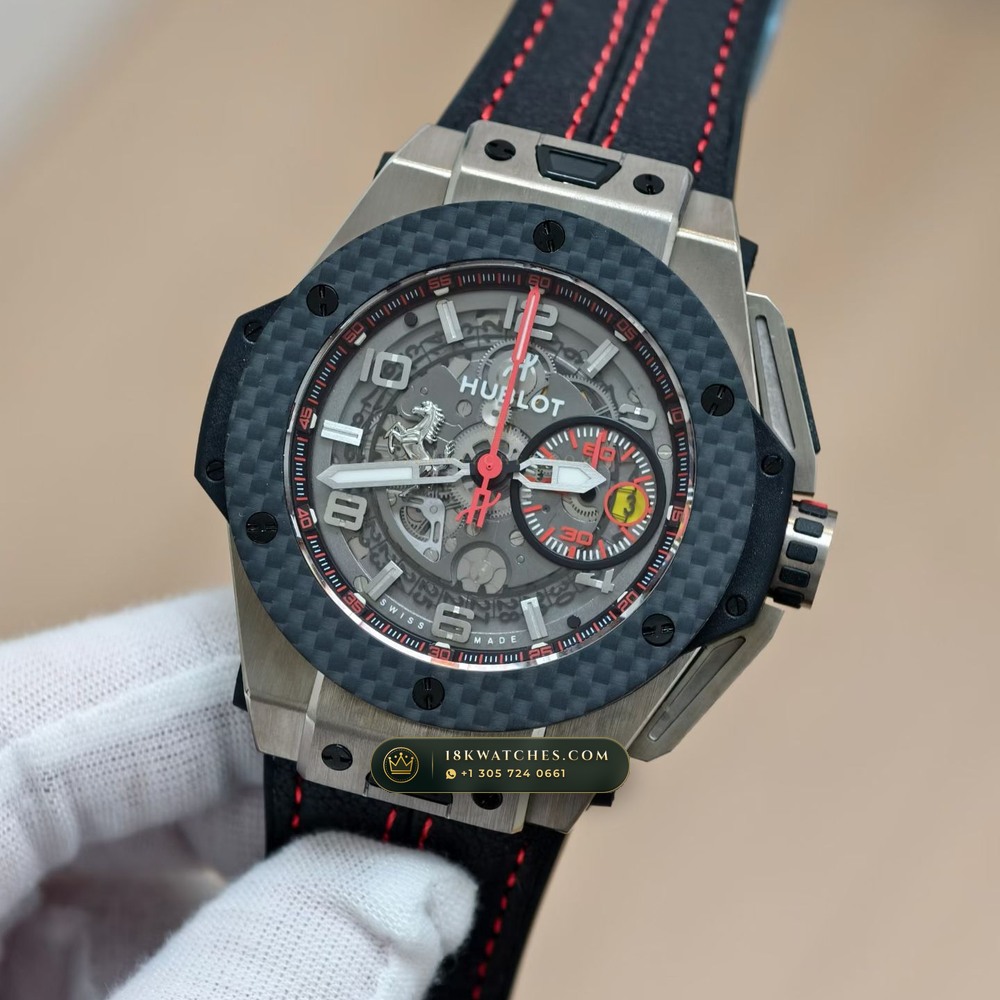 Hublot Big Bang Ferrari Unico Flyback Chronograph 45mm Ref. 401.NX.0123.VR — Studio Gallery Plate III in Grade 5 Titanium Monobloc (120.5g Verified Mass, Hublot Unico Flyback Chronograph Cal. HUB1280)