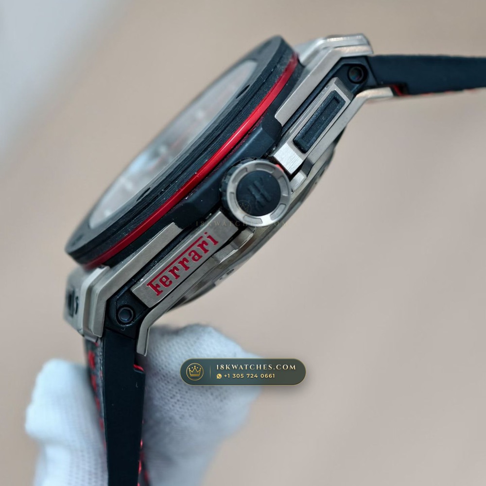Hublot Big Bang Ferrari Unico Flyback Chronograph 45mm Ref. 401.NX.0123.VR — Studio Gallery Plate VI in Grade 5 Titanium Monobloc (120.5g Verified Mass, Hublot Unico Flyback Chronograph Cal. HUB1280)
