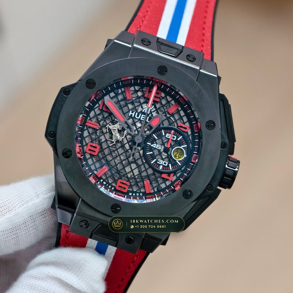 Hublot Big Bang Ferrari Unico Flyback Chronograph 45mm Ref. 402.CX.0113.WR — Studio Gallery Plate III in High-Tech Ceramic & Titanium (120.7g Verified Mass, Hublot Unico Flyback Chronograph Cal. HUB1280)