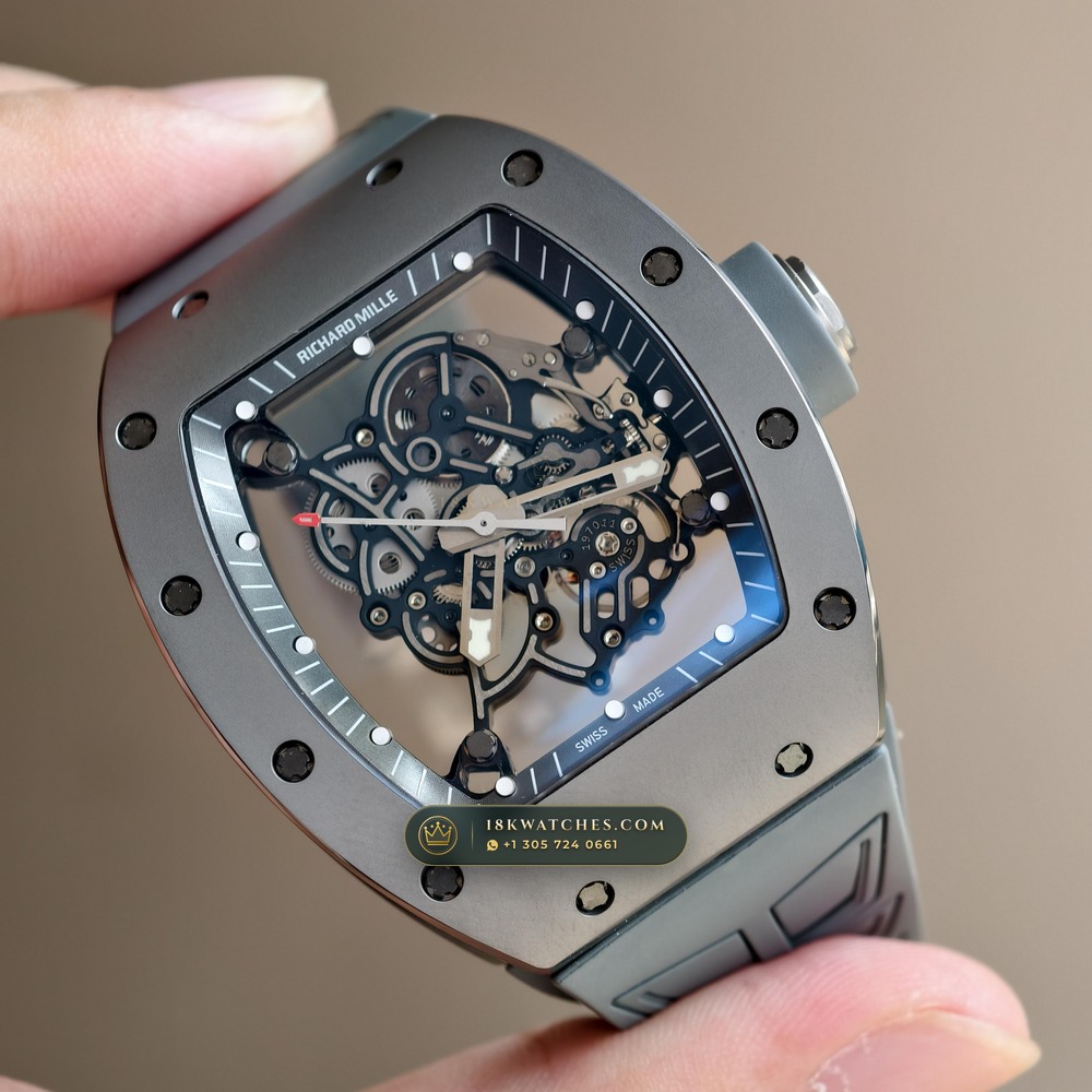 Richard Mille RM 055 Bubba Watson Manual Winding Sunburst Rhodium / Slate Grey Dial — Studio Gallery Plate II in ATZ White Ceramic & Grade 5 Titanium (66.7g Verified Mass, Richard Mille Cal. RMUL2 Grade 5 Titanium Skeleton)