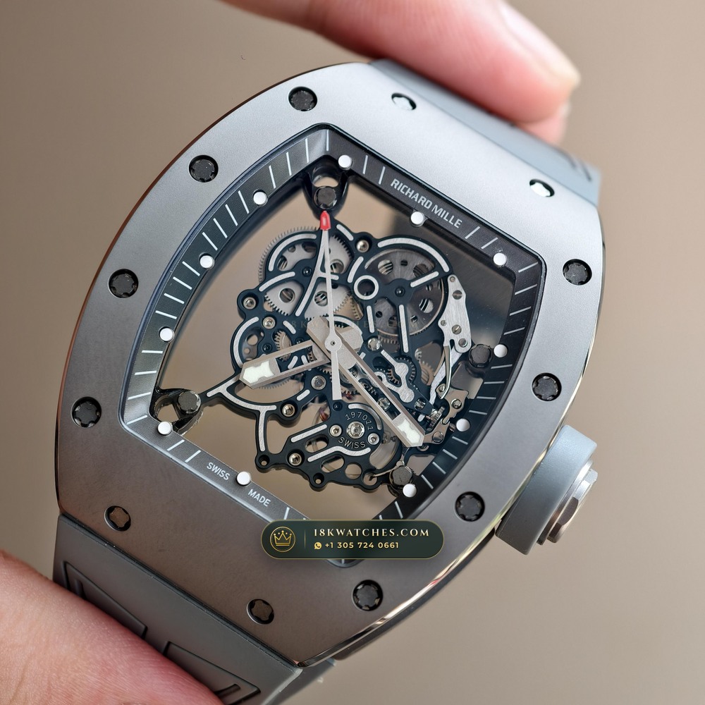 Richard Mille RM 055 Bubba Watson Manual Winding Sunburst Rhodium / Slate Grey Dial — Studio Gallery Plate III in ATZ White Ceramic & Grade 5 Titanium (66.7g Verified Mass, Richard Mille Cal. RMUL2 Grade 5 Titanium Skeleton)