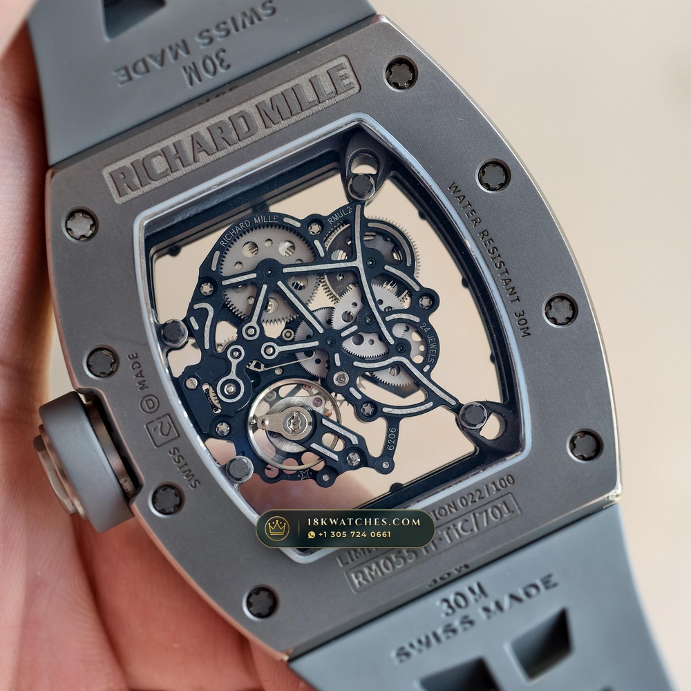 Richard Mille RM 055 Bubba Watson Manual Winding Sunburst Rhodium / Slate Grey Dial — Studio Gallery Plate VII in ATZ White Ceramic & Grade 5 Titanium (66.7g Verified Mass, Richard Mille Cal. RMUL2 Grade 5 Titanium Skeleton)