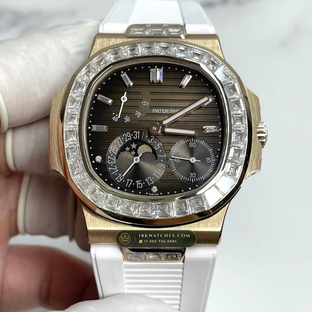 Patek Philippe Nautilus Moonphase Baguette Diamond Bezel 18K Rose Gold Ref. 5724R-001