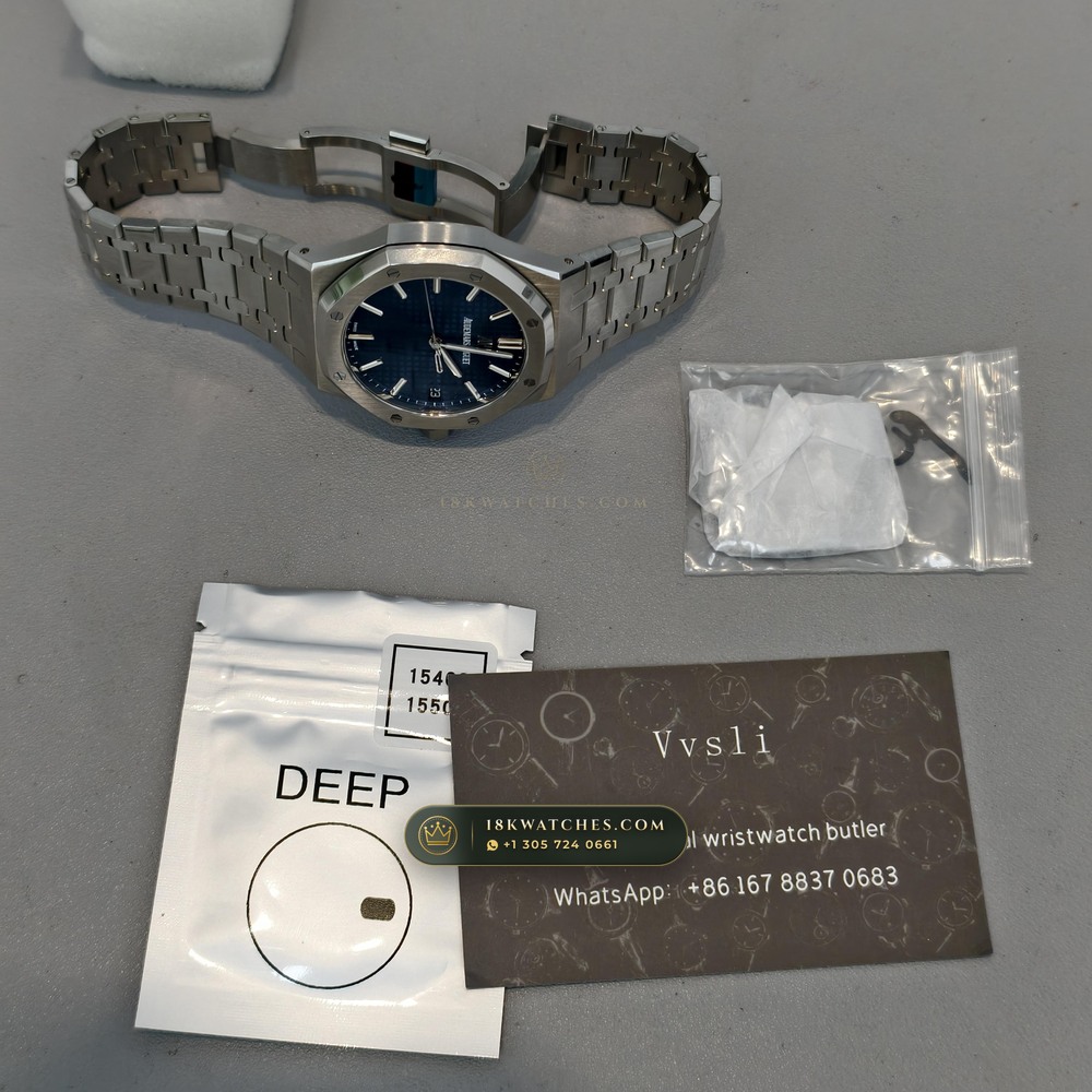 Audemars Piguet Royal Oak Selfwinding 41mm Custom Tapestry Dial Free-Sprung Calibre Ref. 15500ST — Studio Angle 16 in 904L Stainless Steel Custom Architecture (166.4g Verified Mass, Audemars Piguet Cal. 4302 - 70h Power Reserve)