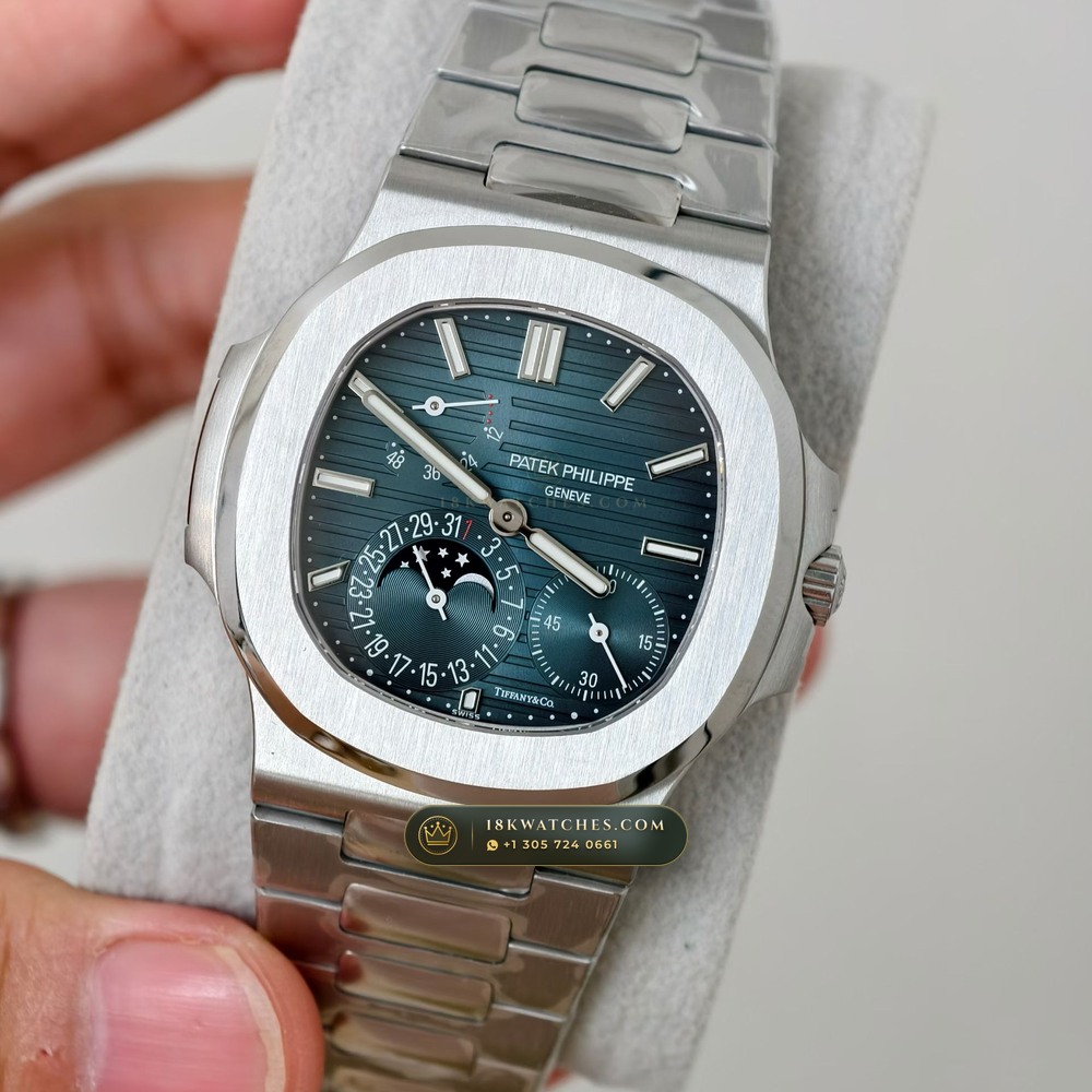 Patek Philippe Nautilus Moonphase & Power Reserve Tiffany Blue Dial Ref. 5712A — Studio Gallery Plate II in 904L Stainless Steel Custom Architecture (116.1g Verified Mass, Patek Philippe Cal. 240 PS IRM C LU - 22K Gold Micro-Rotor)