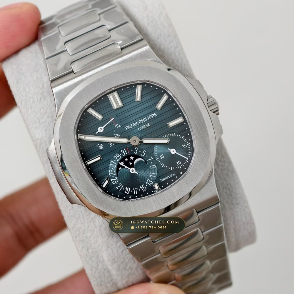 Patek Philippe Nautilus Moonphase & Power Reserve Tiffany Blue Dial Ref. 5712A — Studio Gallery Plate III in 904L Stainless Steel Custom Architecture (116.1g Verified Mass, Patek Philippe Cal. 240 PS IRM C LU - 22K Gold Micro-Rotor)