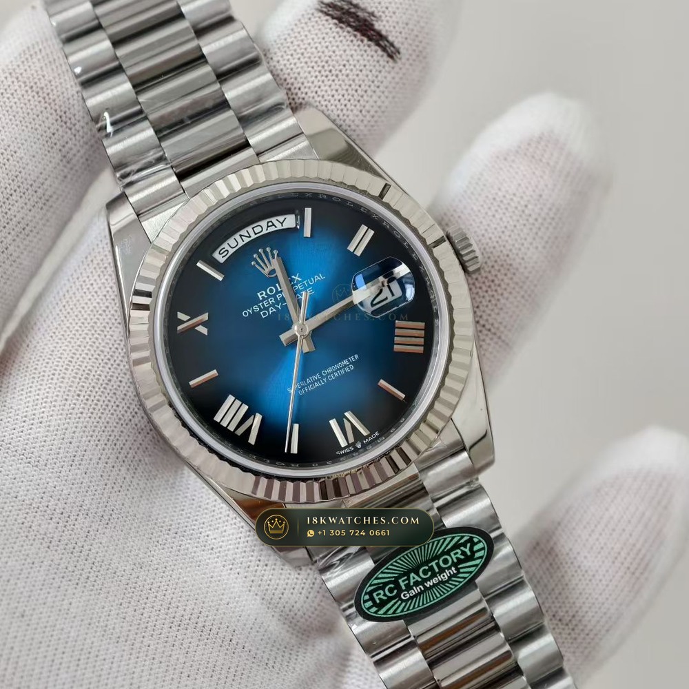 Rolex Day-Date 40 Graduated Blue Ombre Dial 18K White Gold Ref. 228239 — Studio Gallery Plate II in 18K White Gold Au750 (210.6g Verified Mass, Rolex Manufacture Cal. 3255 - 70h Power Reserve)