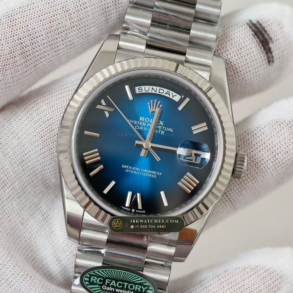 Rolex Day-Date 40 Graduated Blue Ombre Dial 18K White Gold Ref. 228239 — Studio Gallery Plate III in 18K White Gold Au750 (210.6g Verified Mass, Rolex Manufacture Cal. 3255 - 70h Power Reserve)