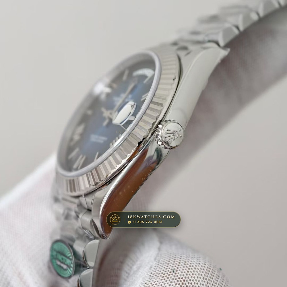 Rolex Day-Date 40 Graduated Blue Ombre Dial 18K White Gold Ref. 228239 — Studio Gallery Plate V in 18K White Gold Au750 (210.6g Verified Mass, Rolex Manufacture Cal. 3255 - 70h Power Reserve)