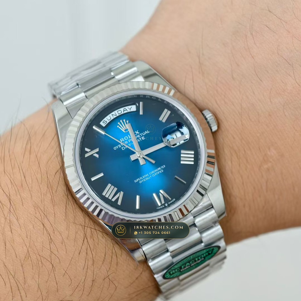 Rolex Day-Date 40 Graduated Blue Ombre Dial 18K White Gold Ref. 228239 — Studio Gallery Plate VIII in 18K White Gold Au750 (210.6g Verified Mass, Rolex Manufacture Cal. 3255 - 70h Power Reserve)