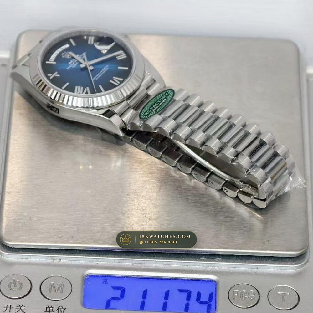 Rolex Day-Date 40 Graduated Blue Ombre Dial 18K White Gold Ref. 228239 — Studio Gallery Plate IX in 18K White Gold Au750 (210.6g Verified Mass, Rolex Manufacture Cal. 3255 - 70h Power Reserve)