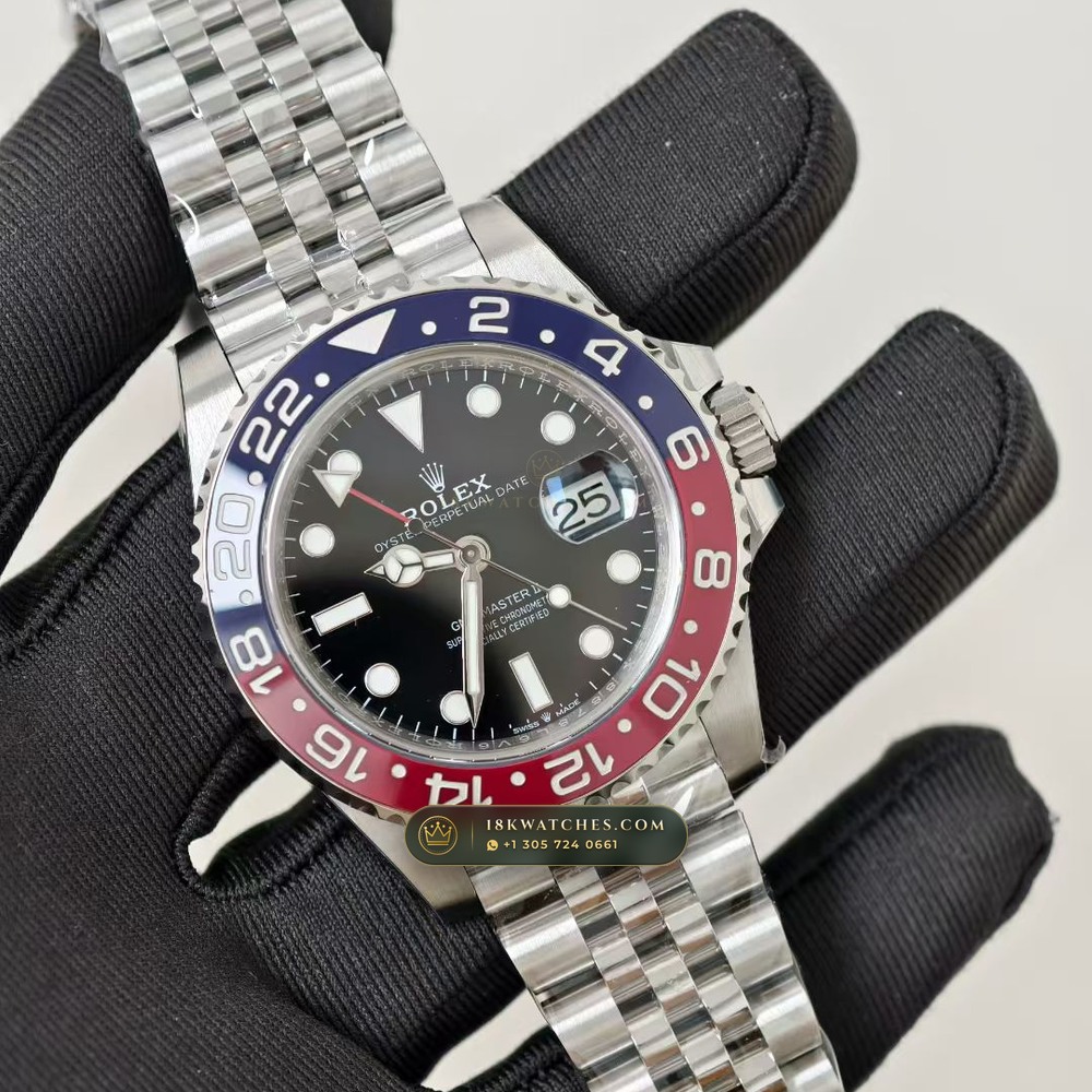 Rolex GMT-Master II Pepsi Red & Blue Cerachrom Deep Crystal Optics Ref. 126710BLRO — Studio Gallery Plate II in 904L Stainless Steel Custom Architecture (143.3g Verified Mass, Rolex Manufacture Cal. 3285 - 70h Power Reserve)