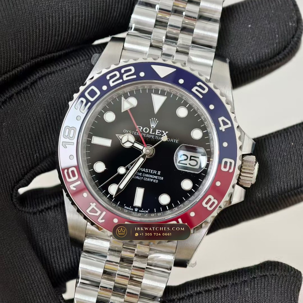 Rolex GMT-Master II Pepsi Red & Blue Cerachrom Deep Crystal Optics Ref. 126710BLRO — Studio Gallery Plate III in 904L Stainless Steel Custom Architecture (143.3g Verified Mass, Rolex Manufacture Cal. 3285 - 70h Power Reserve)