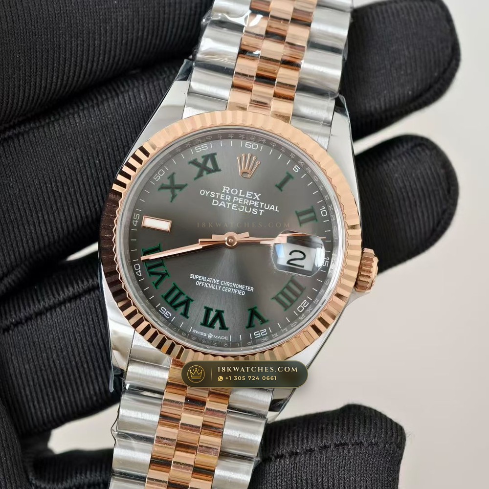 Rolex Datejust 36 Wimbledon Slate Roman Dial Ref. 126231 — Studio Gallery Plate III in 18K Gold & 904L Oystersteel Rolesor (130.1g Verified Mass, Rolex Manufacture Cal. 3235 - 70h Power Reserve)