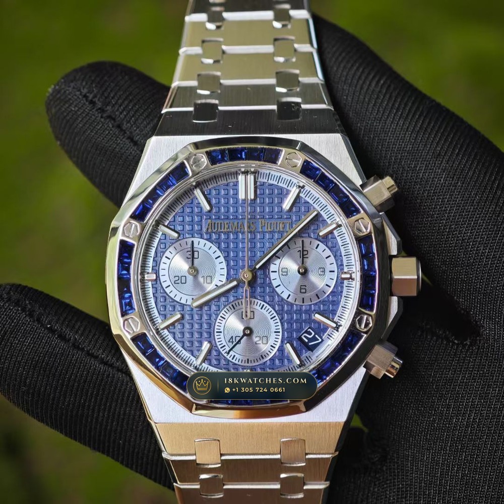 Audemars Piguet Royal Oak Selfwinding Chronograph 41mm Baguette Blue Sapphire Bezel 18K White Gold Ref. 26240BC.SS.1320BC.01
