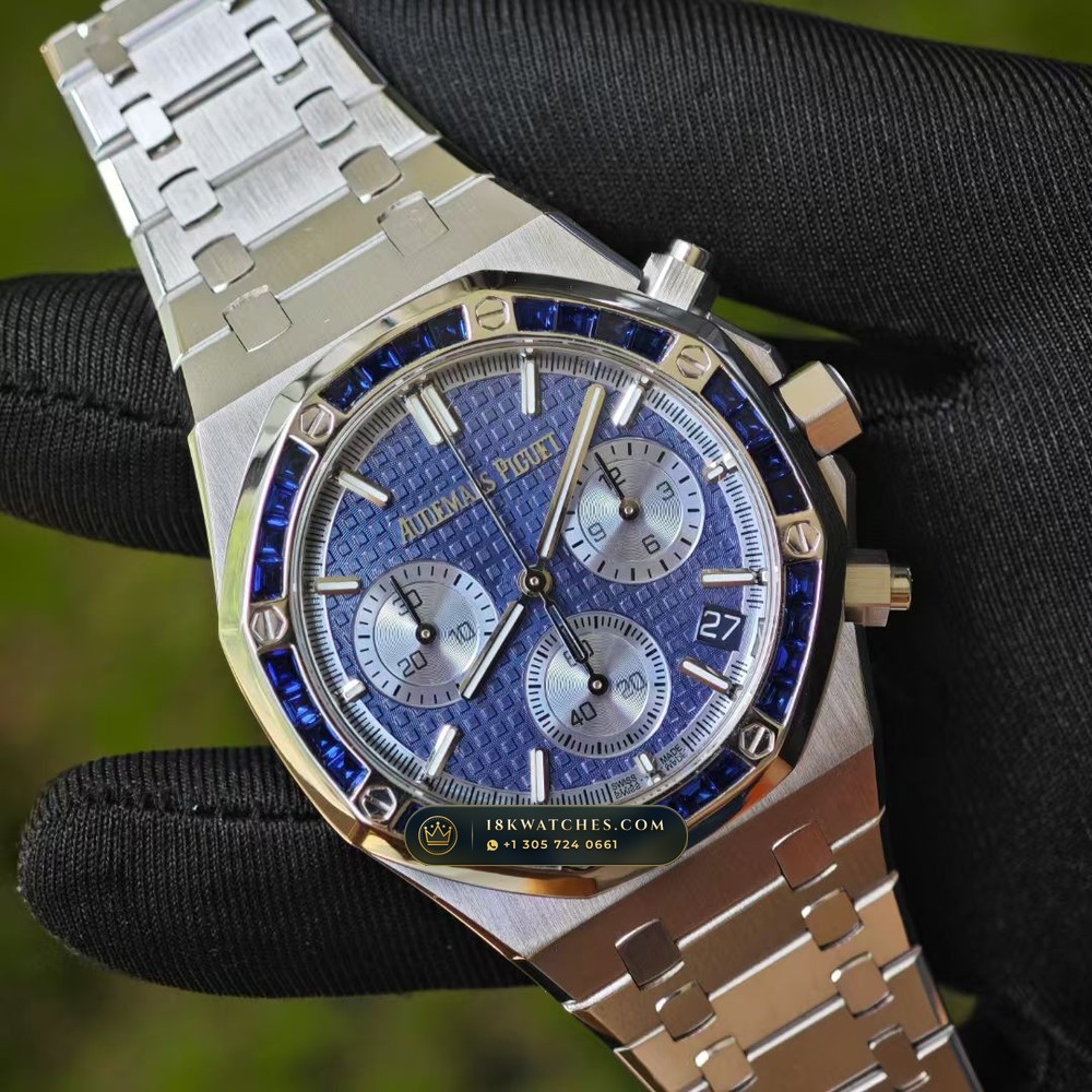 Audemars Piguet Royal Oak Selfwinding Chronograph 41mm Baguette Blue Sapphire Bezel 18K White Gold Ref. 26240BC.SS.1320BC.01 — Studio Gallery Plate II in 18K White Gold Au750 (245.8g Verified Mass, Audemars Piguet Cal. 4401 Flyback Chronograph)