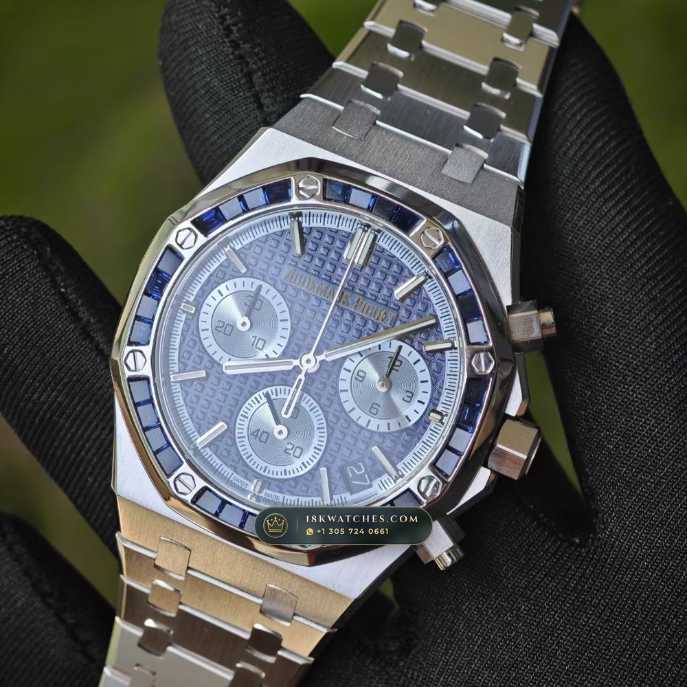 Audemars Piguet Royal Oak Selfwinding Chronograph 41mm Baguette Blue Sapphire Bezel 18K White Gold Ref. 26240BC.SS.1320BC.01 — Studio Gallery Plate III in 18K White Gold Au750 (245.8g Verified Mass, Audemars Piguet Cal. 4401 Flyback Chronograph)