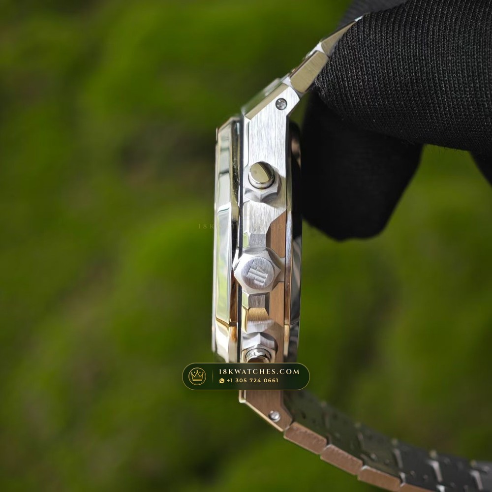 Audemars Piguet Royal Oak Selfwinding Chronograph 41mm Baguette Blue Sapphire Bezel 18K White Gold Ref. 26240BC.SS.1320BC.01 — Studio Gallery Plate IV in 18K White Gold Au750 (245.8g Verified Mass, Audemars Piguet Cal. 4401 Flyback Chronograph)