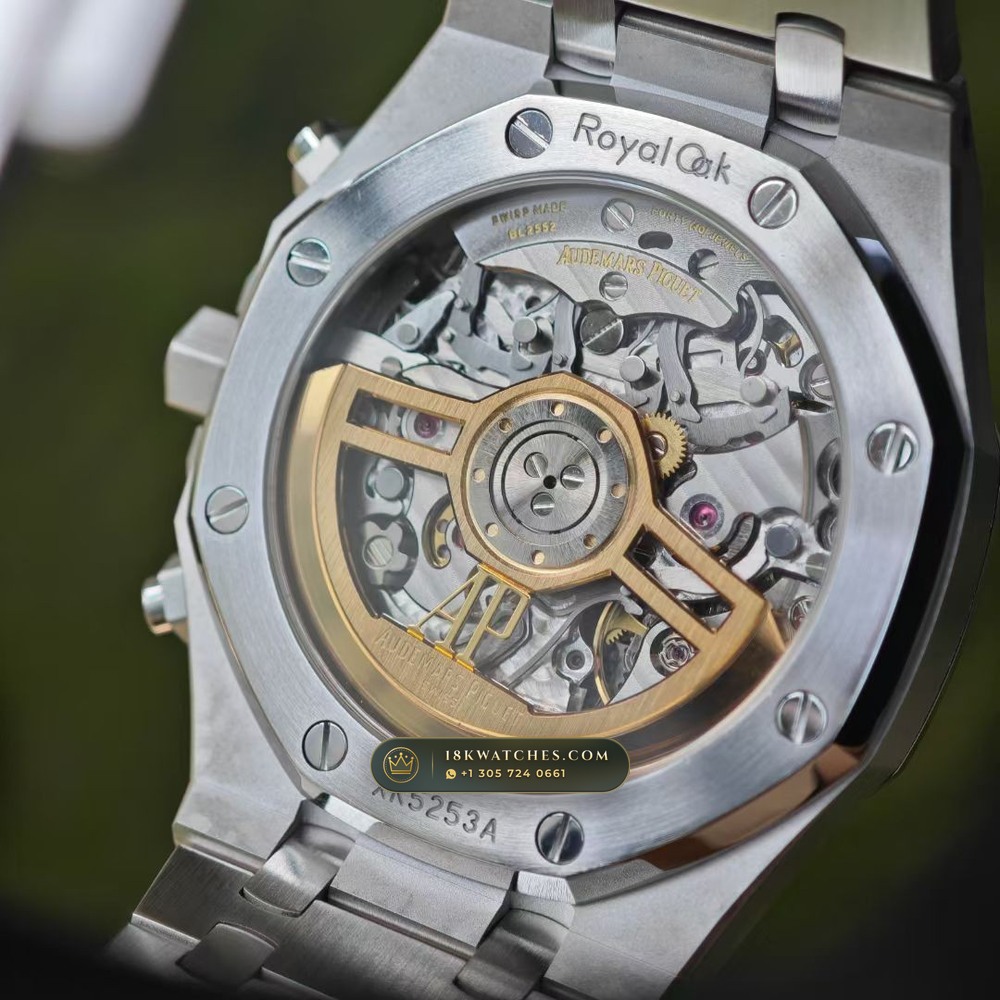 Audemars Piguet Royal Oak Selfwinding Chronograph 41mm Baguette Blue Sapphire Bezel 18K White Gold Ref. 26240BC.SS.1320BC.01 — Studio Gallery Plate VII in 18K White Gold Au750 (245.8g Verified Mass, Audemars Piguet Cal. 4401 Flyback Chronograph)