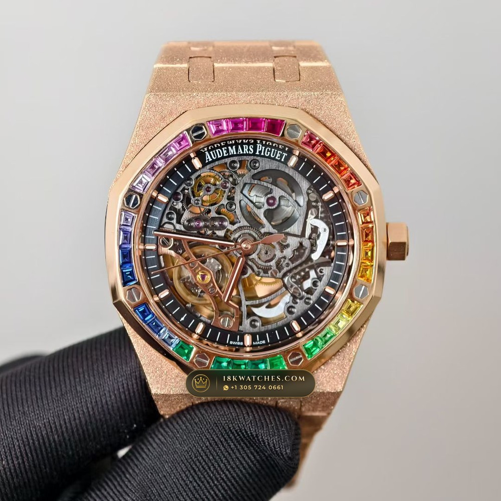 Audemars Piguet Royal Oak Double Balance Wheel Openworked 41mm Rainbow Sapphire Bezel 18K Rose Gold Ref. 15412OR.YG.1224OR.01