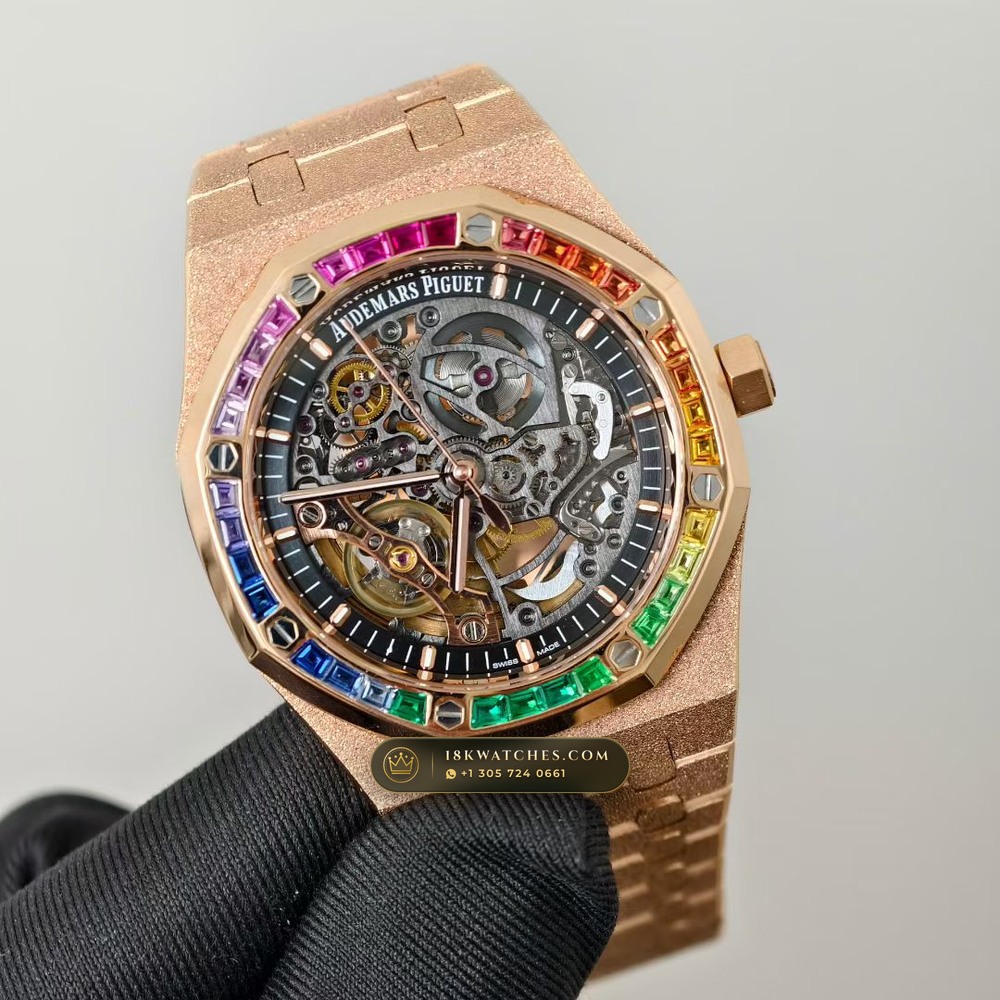 Audemars Piguet Royal Oak Double Balance Wheel Openworked 41mm Rainbow Sapphire Bezel 18K Rose Gold Ref. 15412OR.YG.1224OR.01 — Studio Gallery Plate II in 18K Rose Gold Au750 (224.4g Verified Mass, Audemars Piguet Cal. 3132 Dual-Balance Openworked)