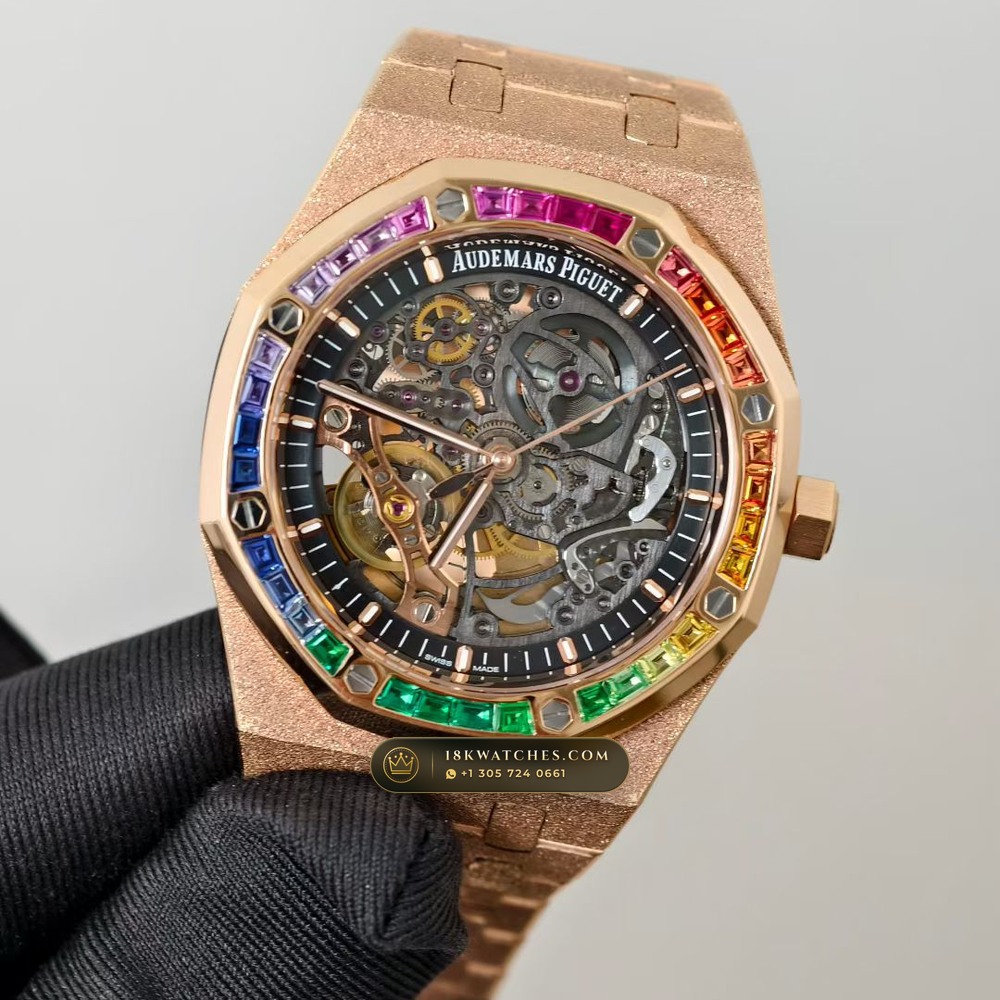 Audemars Piguet Royal Oak Double Balance Wheel Openworked 41mm Rainbow Sapphire Bezel 18K Rose Gold Ref. 15412OR.YG.1224OR.01 — Studio Gallery Plate III in 18K Rose Gold Au750 (224.4g Verified Mass, Audemars Piguet Cal. 3132 Dual-Balance Openworked)