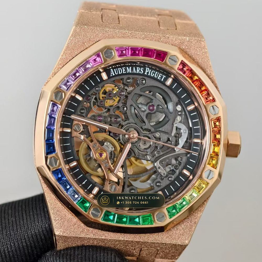 Audemars Piguet Royal Oak Double Balance Wheel Openworked 41mm Rainbow Sapphire Bezel 18K Rose Gold Ref. 15412OR.YG.1224OR.01 — Studio Gallery Plate IV in 18K Rose Gold Au750 (224.4g Verified Mass, Audemars Piguet Cal. 3132 Dual-Balance Openworked)