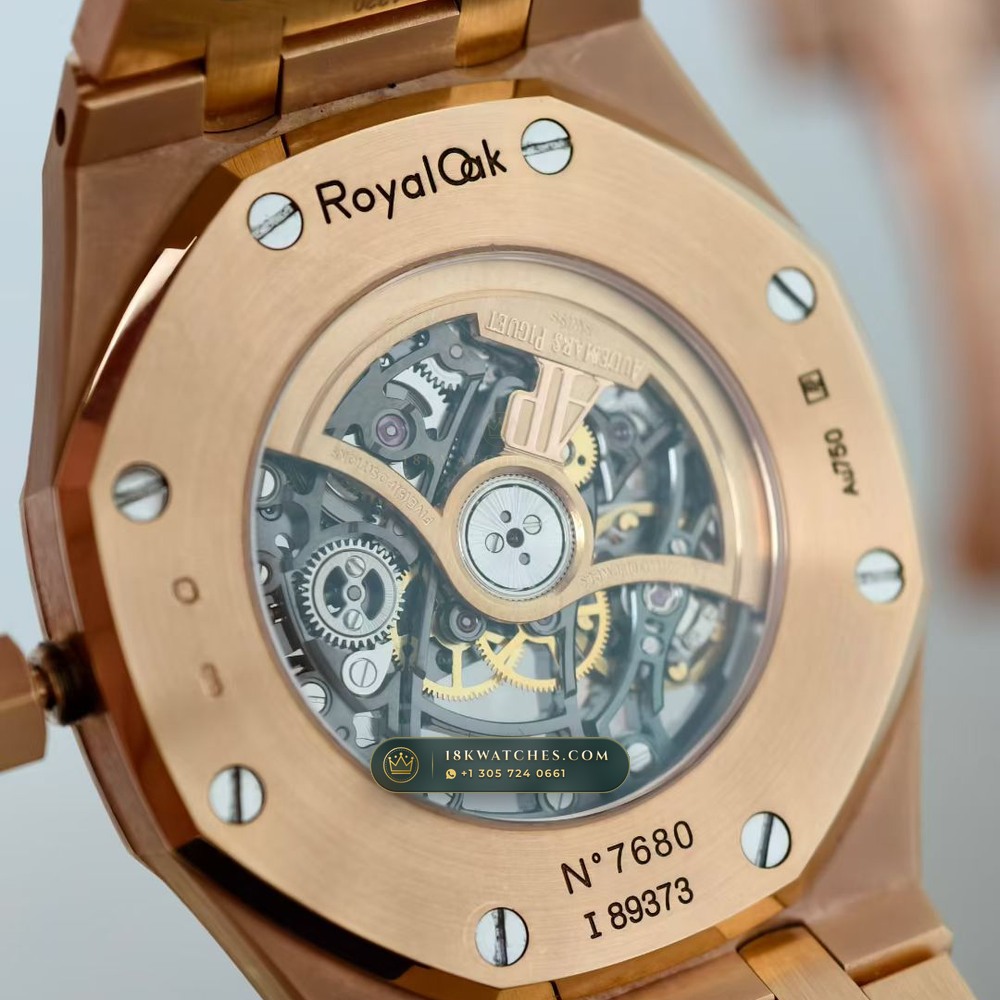 Audemars Piguet Royal Oak Double Balance Wheel Openworked 41mm Rainbow Sapphire Bezel 18K Rose Gold Ref. 15412OR.YG.1224OR.01 — Studio Gallery Plate VII in 18K Rose Gold Au750 (224.4g Verified Mass, Audemars Piguet Cal. 3132 Dual-Balance Openworked)