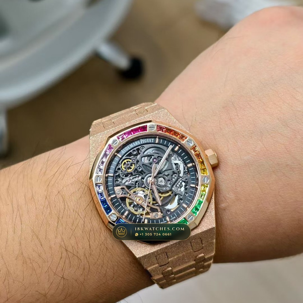 Audemars Piguet Royal Oak Double Balance Wheel Openworked 41mm Rainbow Sapphire Bezel 18K Rose Gold Ref. 15412OR.YG.1224OR.01 — Studio Gallery Plate VIII in 18K Rose Gold Au750 (224.4g Verified Mass, Audemars Piguet Cal. 3132 Dual-Balance Openworked)