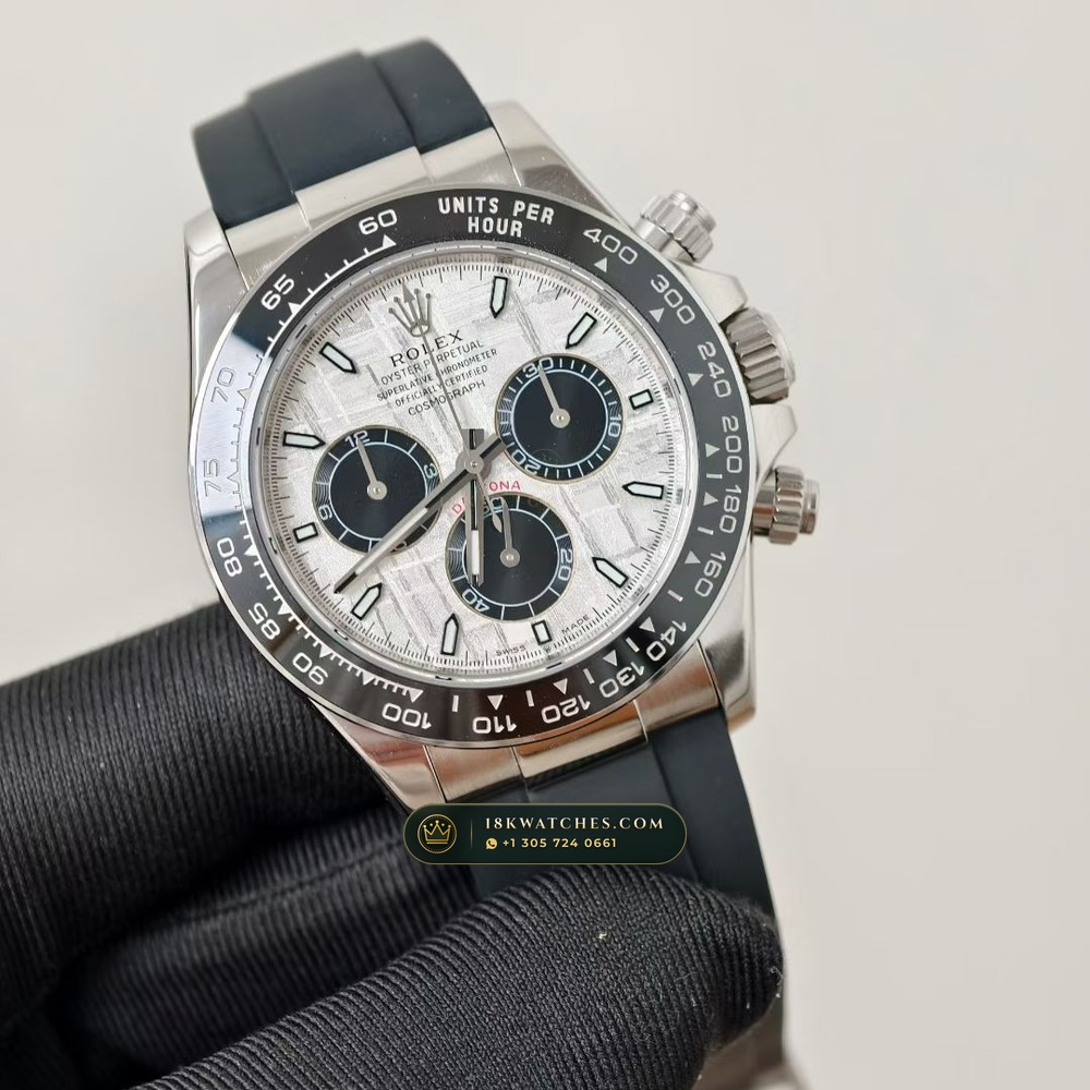 Rolex Cosmograph Daytona Gibeon Meteorite Dial 18K White Gold Hand-Finished Buff Dial Deep Crystal Optics Ref. 126519 — Studio Gallery Plate II in 18K White Gold Au750 (160.3g Verified Mass, Rolex Manufacture Cal. 4131 - 72h Power Reserve)