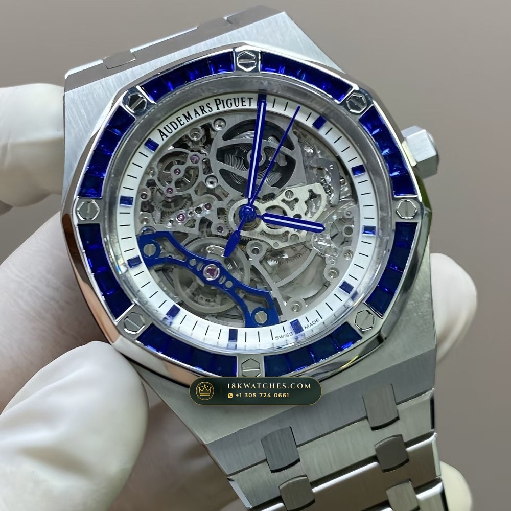 Audemars Piguet Royal Oak Double Balance Wheel Openworked 41mm Baguette Sapphire Bezel 18K White Gold Ref. 15412BC.SS.1220BC.02 — Studio Gallery Plate II in 18K White Gold Au750 (224.8g Verified Mass, Audemars Piguet Cal. 3132 Dual-Balance Openworked)