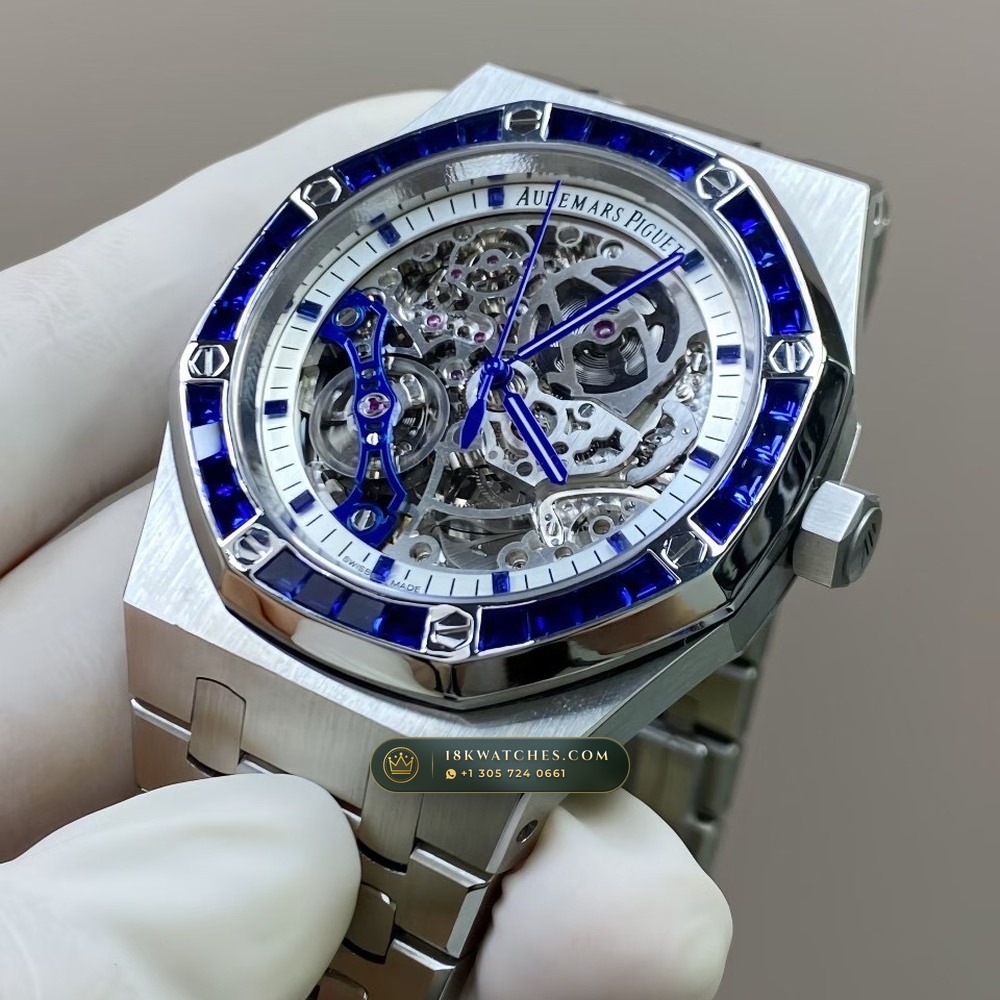 Audemars Piguet Royal Oak Double Balance Wheel Openworked 41mm Baguette Sapphire Bezel 18K White Gold Ref. 15412BC.SS.1220BC.02 — Studio Gallery Plate III in 18K White Gold Au750 (224.8g Verified Mass, Audemars Piguet Cal. 3132 Dual-Balance Openworked)