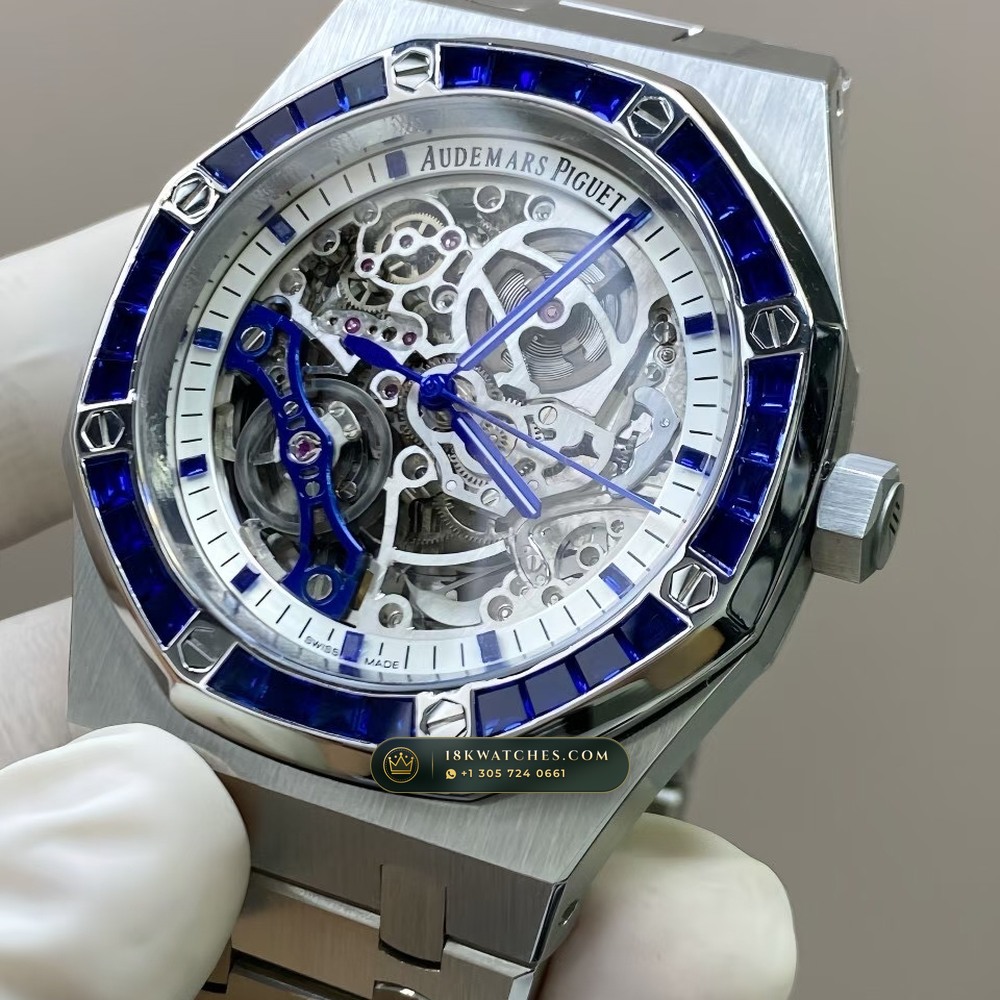 Audemars Piguet Royal Oak Double Balance Wheel Openworked 41mm Baguette Sapphire Bezel 18K White Gold Ref. 15412BC.SS.1220BC.02 — Studio Gallery Plate IV in 18K White Gold Au750 (224.8g Verified Mass, Audemars Piguet Cal. 3132 Dual-Balance Openworked)