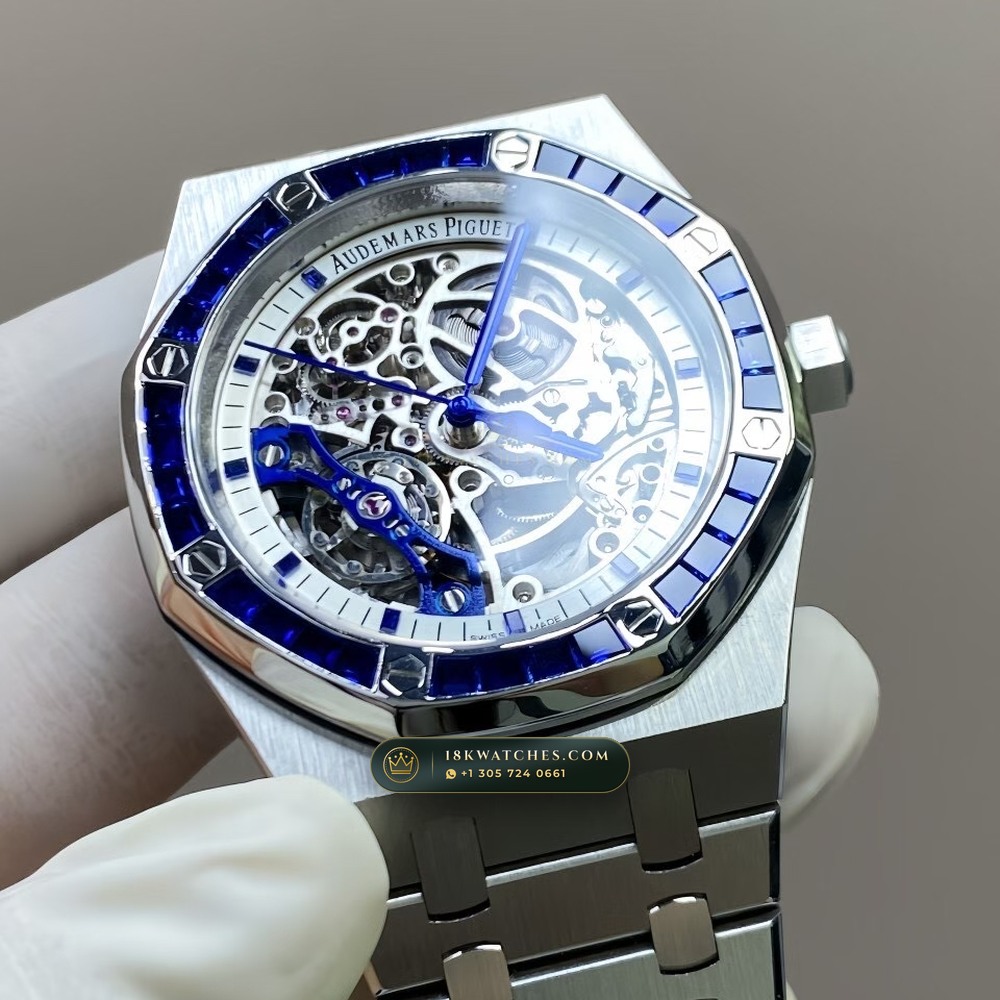 Audemars Piguet Royal Oak Double Balance Wheel Openworked 41mm Baguette Sapphire Bezel 18K White Gold Ref. 15412BC.SS.1220BC.02 — Studio Gallery Plate V in 18K White Gold Au750 (224.8g Verified Mass, Audemars Piguet Cal. 3132 Dual-Balance Openworked)