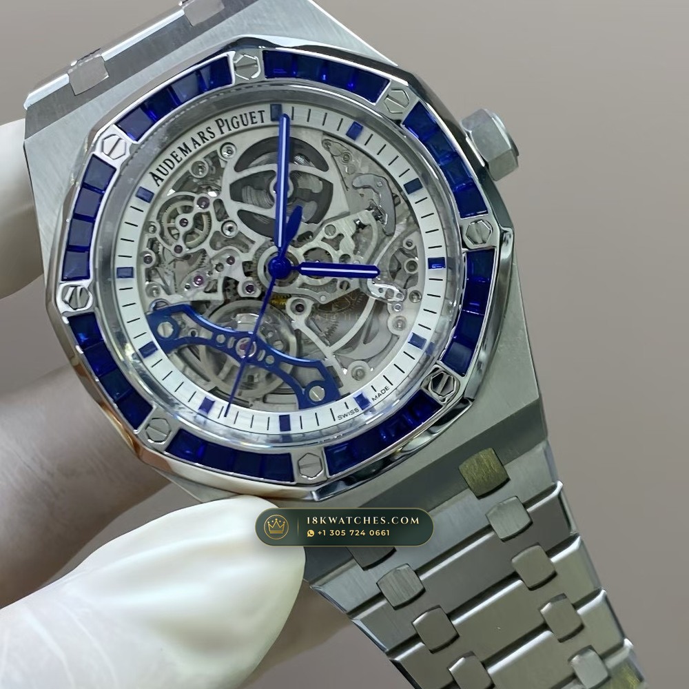 Audemars Piguet Royal Oak Double Balance Wheel Openworked 41mm Baguette Sapphire Bezel 18K White Gold Ref. 15412BC.SS.1220BC.02 — Studio Gallery Plate VI in 18K White Gold Au750 (224.8g Verified Mass, Audemars Piguet Cal. 3132 Dual-Balance Openworked)
