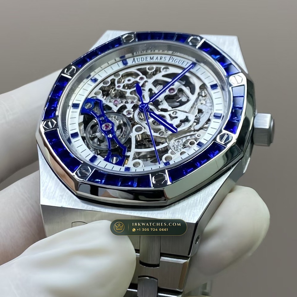Audemars Piguet Royal Oak Double Balance Wheel Openworked 41mm Baguette Sapphire Bezel 18K White Gold Ref. 15412BC.SS.1220BC.02 — Studio Gallery Plate VII in 18K White Gold Au750 (224.8g Verified Mass, Audemars Piguet Cal. 3132 Dual-Balance Openworked)
