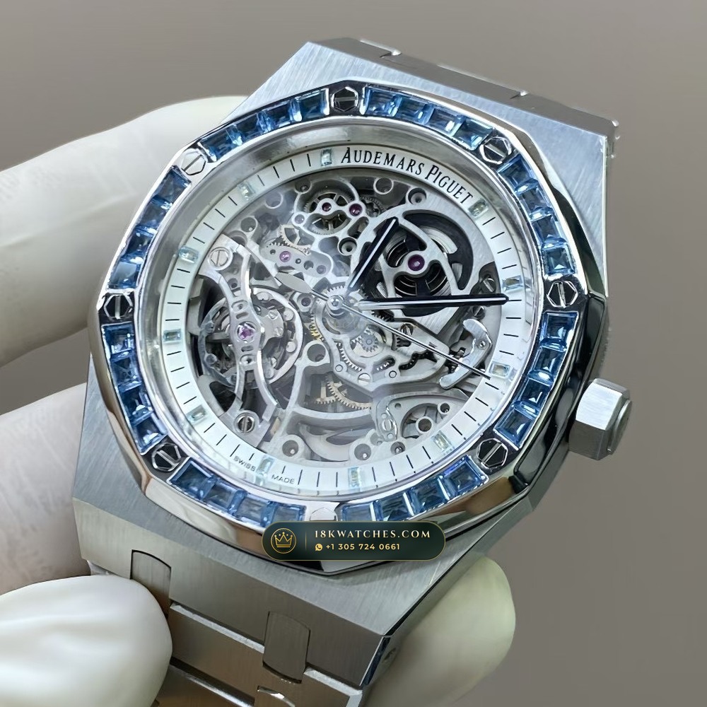 Audemars Piguet Royal Oak Double Balance Wheel Openworked 41mm Baguette Blue Topaz Bezel 18K White Gold Free-Sprung Calibre Ref. 15412BC.TO.1220BC.01 — Studio Gallery Plate VI in 18K White Gold Au750 (224.5g Verified Mass, Audemars Piguet Cal. 3132 Dual-Balance Openworked)