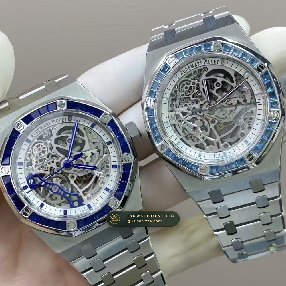 Audemars Piguet Royal Oak Double Balance Wheel Openworked 41mm Baguette Blue Topaz Bezel 18K White Gold Free-Sprung Calibre Ref. 15412BC.TO.1220BC.01 — Studio Gallery Plate VIII in 18K White Gold Au750 (224.5g Verified Mass, Audemars Piguet Cal. 3132 Dual-Balance Openworked)