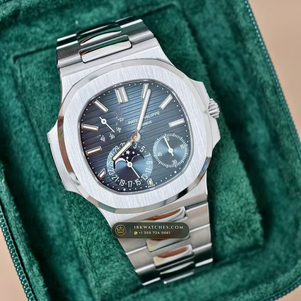 Patek Philippe Nautilus Moonphase & Power Reserve Hand-Chamfered Bevel Spec Ref. 5712/1A — Studio Gallery Plate II in 904L Stainless Steel Custom Architecture (116.5g Verified Mass, Patek Philippe Cal. 240 PS IRM C LU - 22K Gold Micro-Rotor)