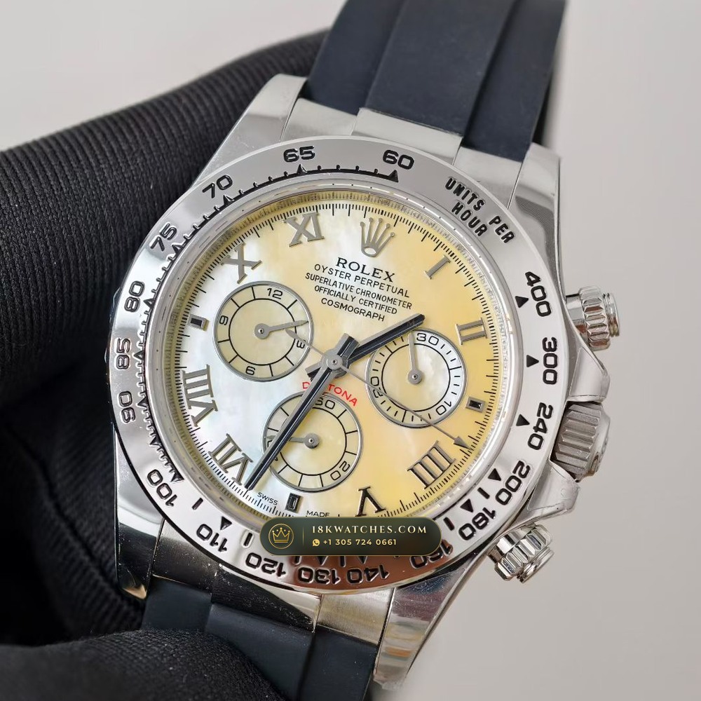 Rolex Cosmograph Daytona Beach Yellow Mother-of-Pearl Collector Edition 18K Yellow Gold Ref. 116518 — Studio Gallery Plate III in 18K Yellow Gold Au750 (138.9g Verified Mass, Rolex Manufacture Cal. 4130 - 72h Power Reserve)