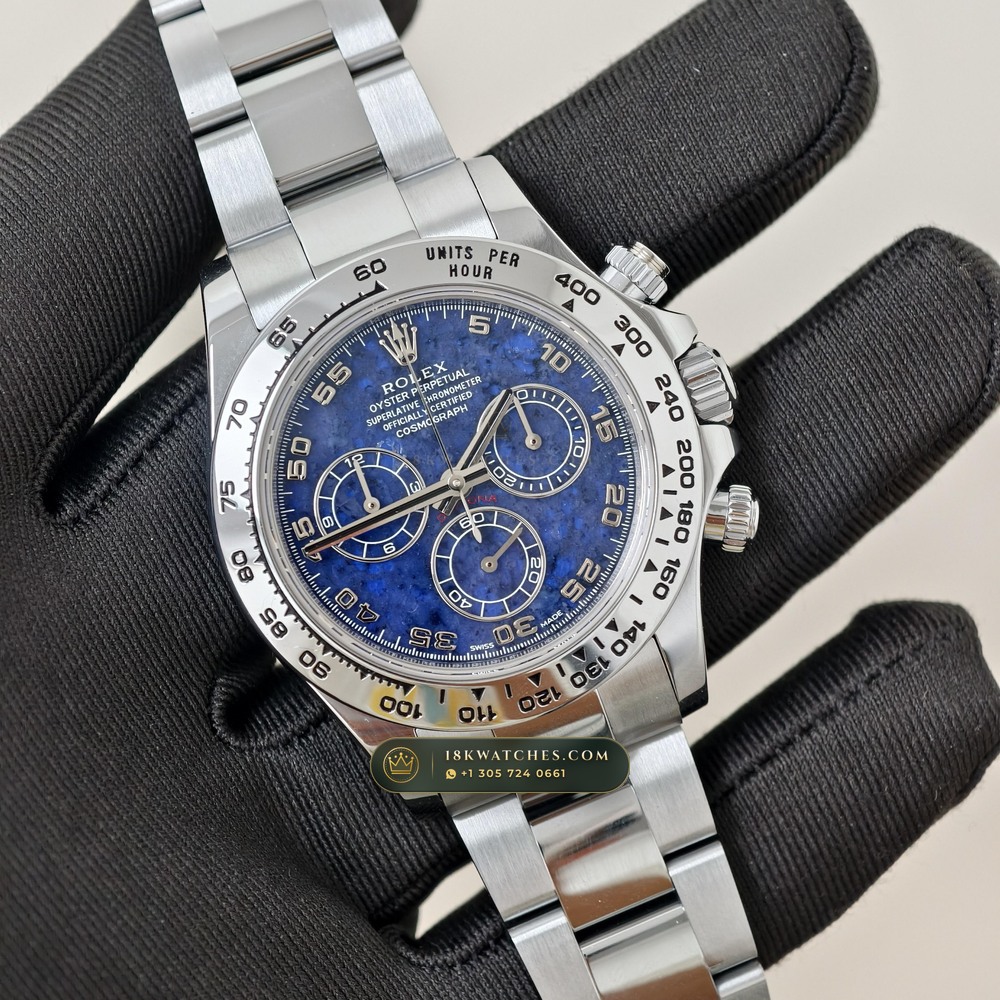 Rolex Cosmograph Daytona Blue Sodalite Stone Dial 18K White Gold Ref. 116519 — Studio Gallery Plate II in 18K White Gold Au750 (153.2g Verified Mass, Rolex Manufacture Cal. 4130 - 72h Power Reserve)