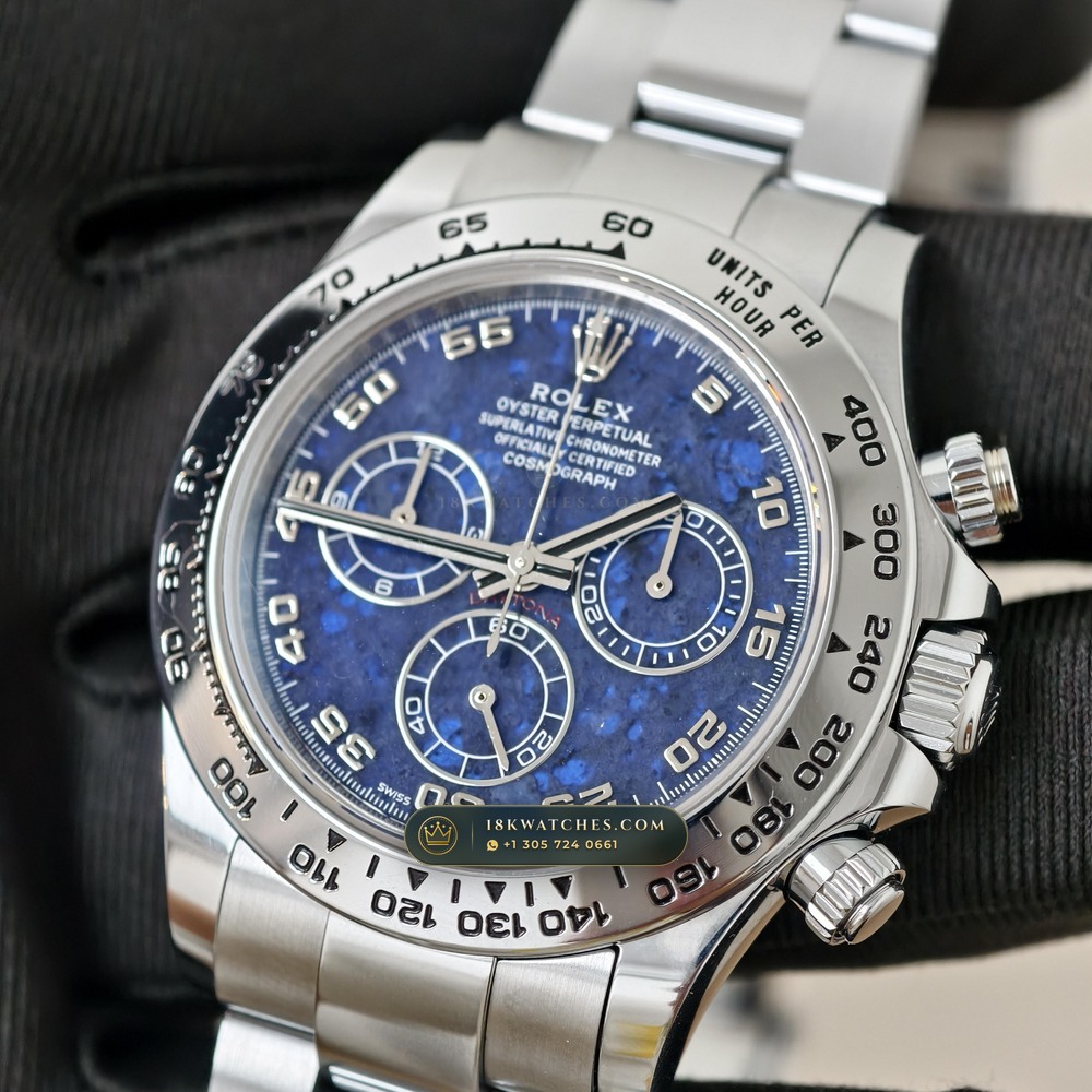 Rolex Cosmograph Daytona Blue Sodalite Stone Dial 18K White Gold Ref. 116519 — Studio Gallery Plate III in 18K White Gold Au750 (153.2g Verified Mass, Rolex Manufacture Cal. 4130 - 72h Power Reserve)