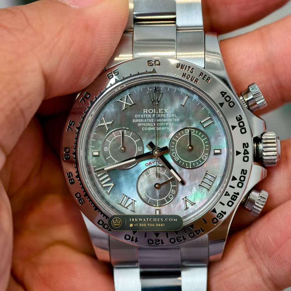 Rolex Cosmograph Daytona Tahitian Mother-of-Pearl Dial 18K White Gold Ref. 126509 — Studio Gallery Plate V in 18K White Gold Au750 (216.7g Verified Mass, Rolex Manufacture Cal. 4131 - 72h Power Reserve)