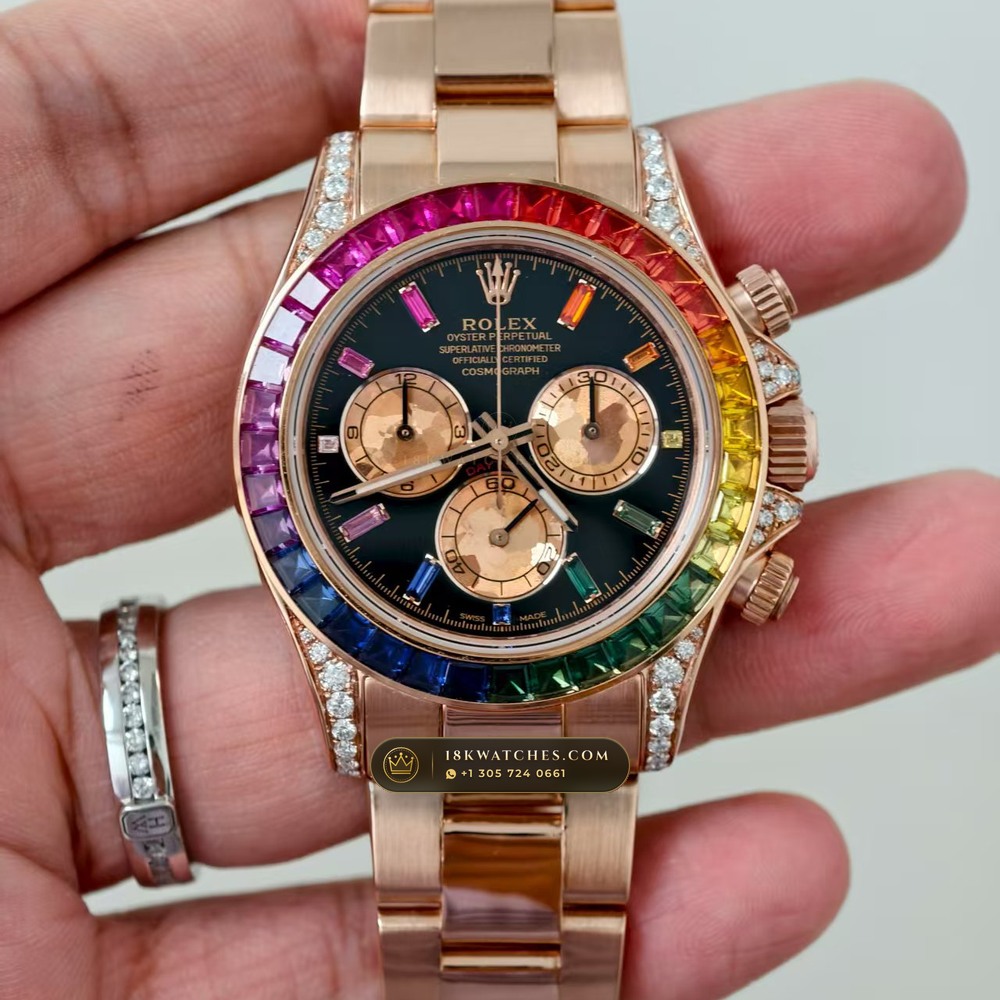 Rolex Cosmograph Daytona Rainbow Sapphire Bezel 18K Everose Gold Custom SW Dial Ref. 116595RBOW