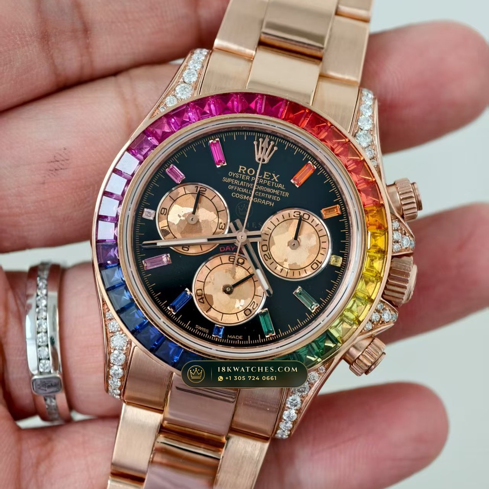 Rolex Cosmograph Daytona Rainbow Sapphire Bezel 18K Everose Gold Custom SW Dial Ref. 116595RBOW — Studio Gallery Plate II in 18K Rose Gold Au750 (216.5g Verified Mass, Rolex Manufacture Cal. 4130 - 72h Power Reserve)